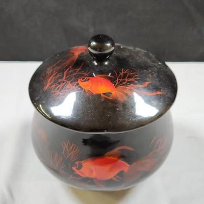 Vintage Hand Painted Black Lacquerware Lidded Jar