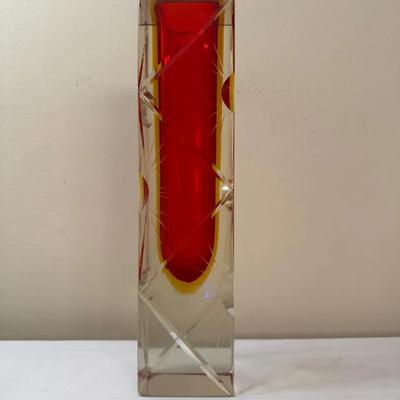 Red & Yellow Faceted Murano Sumerso Glass Vase