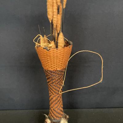Vintage Basket with Cat-tail Design & Small Feathers