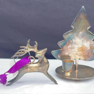 Silver Plated Christmas Reindeer & Tree-shaped Candleholder