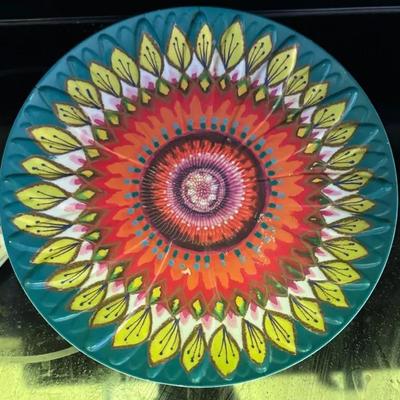 Colorful Decorative Platter and Small Hand-Painted Floral Dish and Floral Teapot