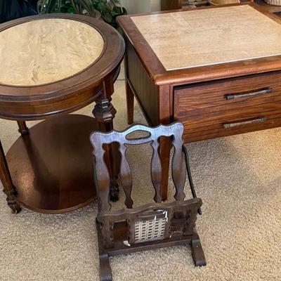 Wood Side Table Group with Stone Tops and Magazine Rack