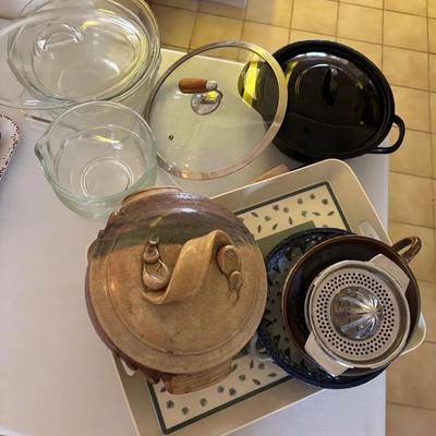 Mixed Kitchenware Lot with Cookware Glass Lids Ceramic Bowls and Citrus Juicer 