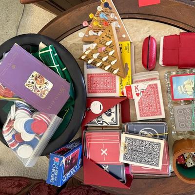 Card Game and Tabletop Gaming Lot with Playing Cards, Poker Chips, and Accessories