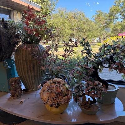 Decorative Asian-Inspired Tabletop Décor with Faux Floral Arrangements & Shell Art