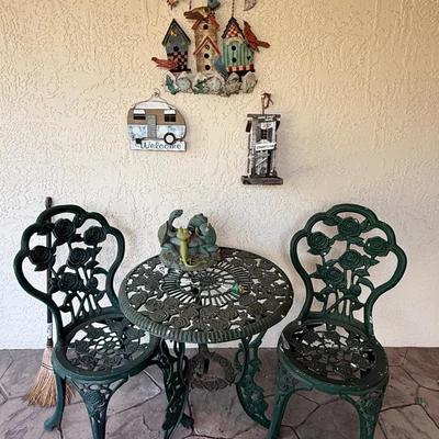 Cast Aluminum Green Bistro Patio Set with Table, Two Chairs & Garden Decor Accents