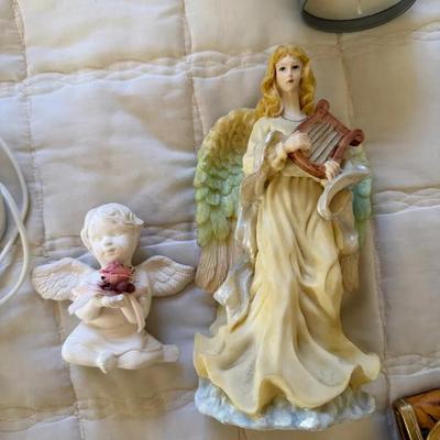 Angel Figurine Lot: Harp Angel & Cherub with Floral Bouquet