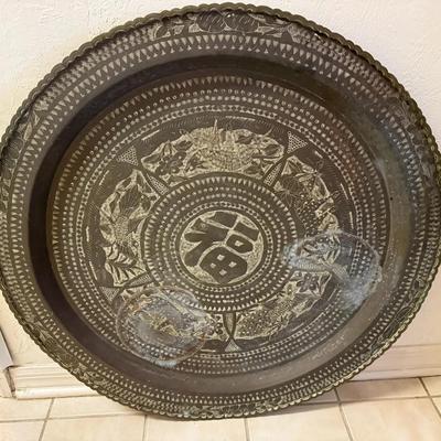 Large Etched Brass Tray with Chinese Longevity Symbol and Floral Motifs