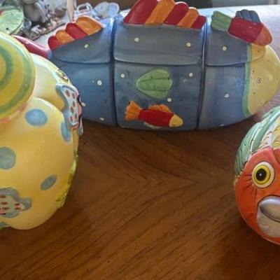 Whimsical Hand-Painted Ceramic Canisters Including Fish and Character Designs – Set of 3