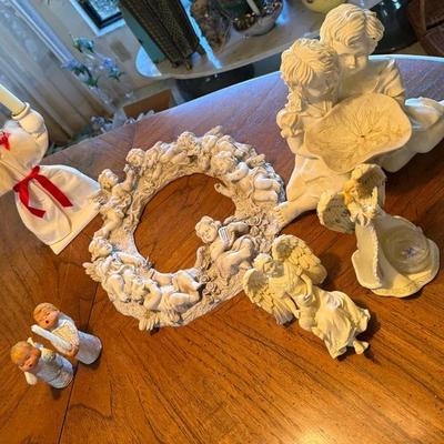 Assorted Angel and Cherub Decorative Figurines Including Wreath, Candle Holder, and Sculptural Piece