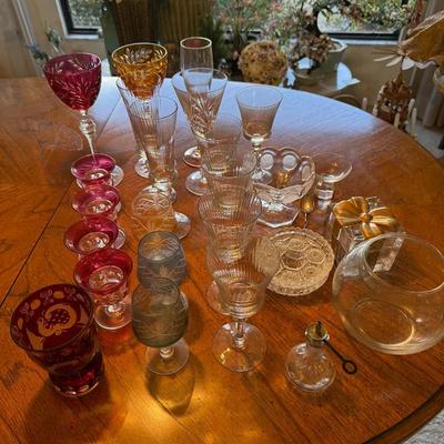 Mixed Vintage & Decorative Glassware Lot – Colored & Clear Stemware, Bowls, Cruet & Pitcher