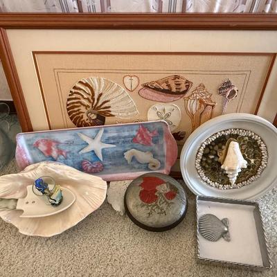 Coastal and Seashell Decor Lot with Framed Shell Art and Decorative Accents