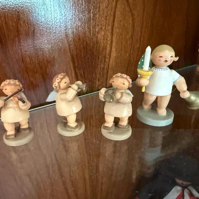 Vintage Hand-Carved Wooden Angel Figurines with Musical Instruments & Candle