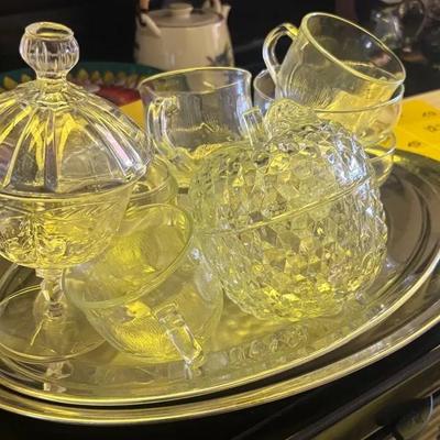 Clear Pressed Glass Serving Tray with Cups and Lidded Candy Dishes