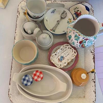 Mixed Decorative Ceramic and Tableware Lot with Cups, Bowls, Creamer, and Serving Pieces