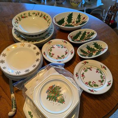 White Christmas Holiday Dinnerware & Serving Pieces Including Holly Pattern Bowls, Plates & Octagona