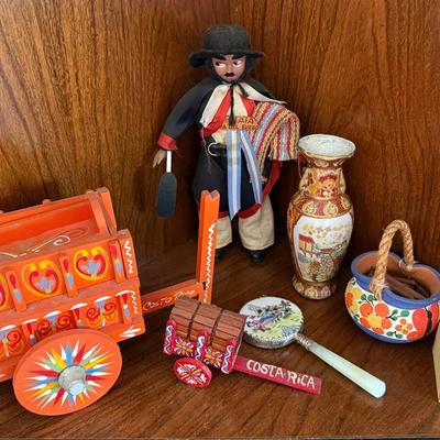 Costa Rica Folk Art & Souvenir Assortment with Wooden Ox Cart, Figurine, Vase & Decorative Accessori