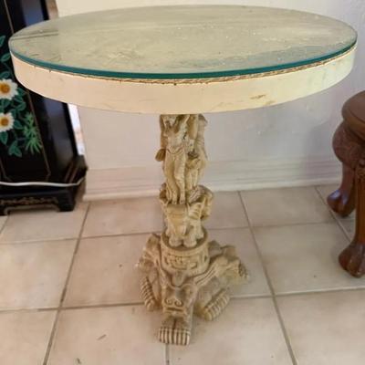 Asian-Style Carved Elephant & Dragon Pedestal Table with Round Glass Top