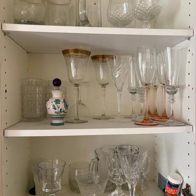 Mystery Glassware Cabinet Lot with Stemware, Tumblers, and Decorative Pieces