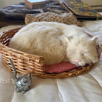 Decorative Cat Lot: Faux Sleeping Cat in Basket & Small Chrome Cat Figurine