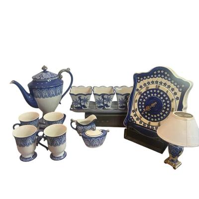 Bombay Blue & White Porcelain Tea Set, Clock & Accent Lamp – Coordinated Décor Lot