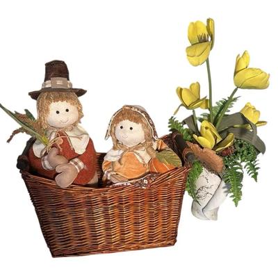 Autumn Doll Figurines in Wicker Basket with Floral Arrangement