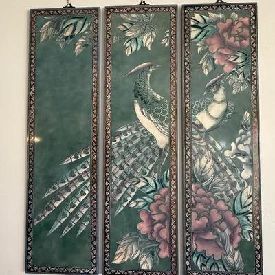Three-Panel Asian-Style Wall Art Triptych with Birds, Floral Motif, and Decorative Framed Panels (3)