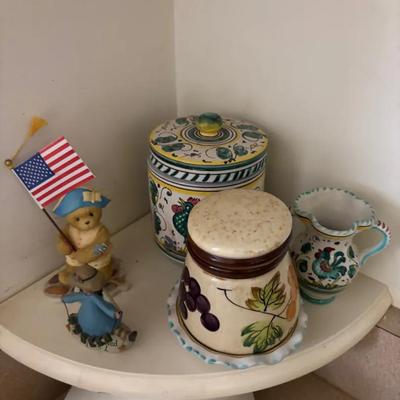 Italian-Style Hand-Painted Ceramic Canister, Pitcher & Decorative Figurines Lot