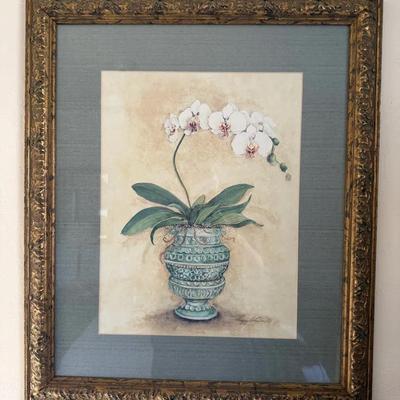 Framed Floral Artwork: White Orchid in Decorative Urn
