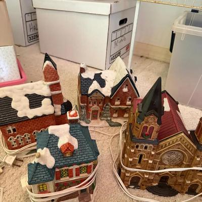 Lighted Ceramic Christmas Village Buildings – Assorted Church & Homes (5 Pieces) 