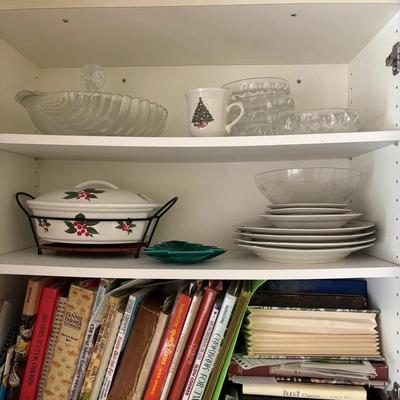 Mystery Kitchen Cabinet Lot with Glass Serveware, Holiday Dishes, and Cookbooks