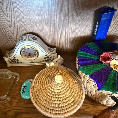 Lenox Mantel Clock with Woven Baskets and Decorative Shelf Accents