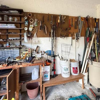 Large Garage Tool Lot with Hand Tools, Yard Tools, Hardware, and Storage