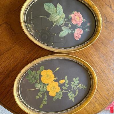 Pair of Oval Botanical Floral Prints in Gold Gilt Frames