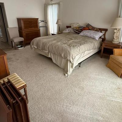 Vintage Bedroom Furniture Grouping with Dresser, Mirror, Bed Frame, Nightstands, Chairs, and Folding