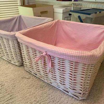 Two White Wicker Storage Baskets with Pink Gingham Liners