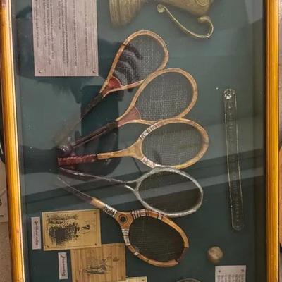 Framed Vintage Tennis Memorabilia Shadow Box with Antique Wooden Rackets & Medallions