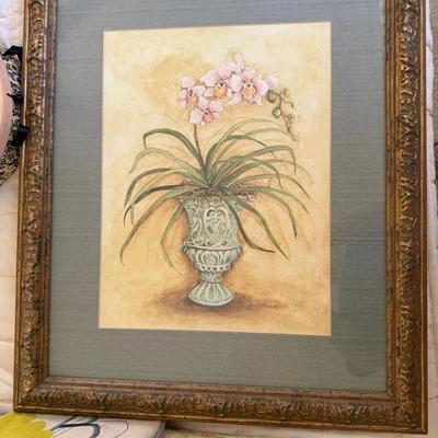 Framed Floral Artwork: Potted Orchid with Ornate Gold Frame