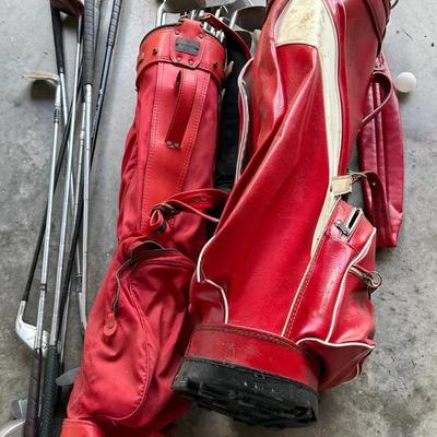 Mixed Golf Club Lot with Two Vintage Red Golf Bags