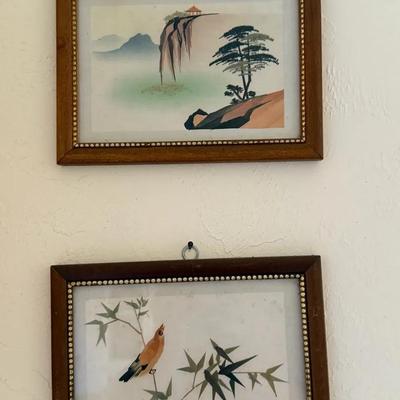 Pair of Framed Asian-Inspired Landscape & Bird Prints