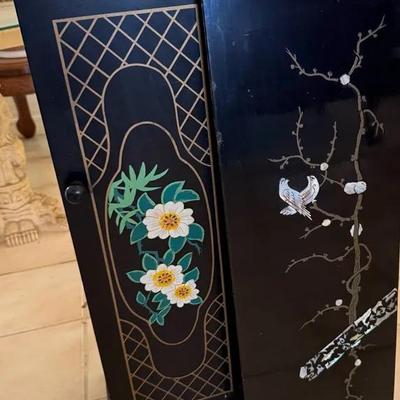 Asian-Style Black Lacquer Storage Cabinet with Hand-Painted Floral and Bird Motifs