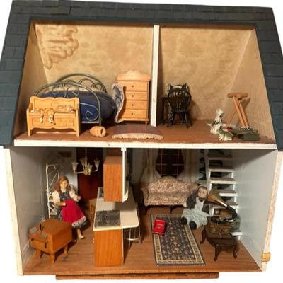 Vintage Wooden Dollhouse with Miniature Furniture, Dolls & Accessories