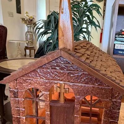 Handcrafted Wooden Lighted Church Display with Vintage Miniature Figurines