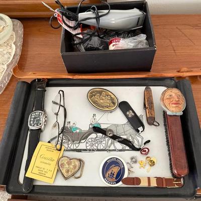 Vintage Gentleman’s Dresser Drawer Lot with Watch, Pocketknives, Grooming Tools, and Travel Ephemera
