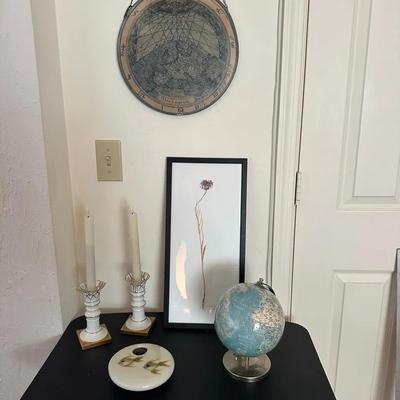 Decorative Tabletop & Wall Accent Collection with Globe, Candlesticks & Framed Botanical