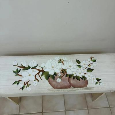 Hand-Painted Wooden Bench with Floral Design