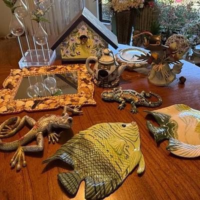 Assorted Decorative Home Accents Including Glass Bud Vases, Animal Figures & Coastal Décor