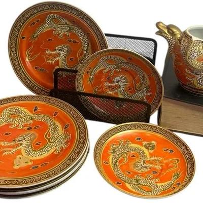 Vintage Japanese Dragonware Plates & Creamer – Hand Painted JAPAN, Gold Accents