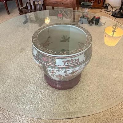 Large Glass Top Table with Chinese Porcelain Jardiniere Pedestal Base