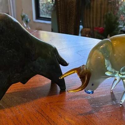 Pair of Decorative Bull Figurines – Art Glass & Patinated Resin
